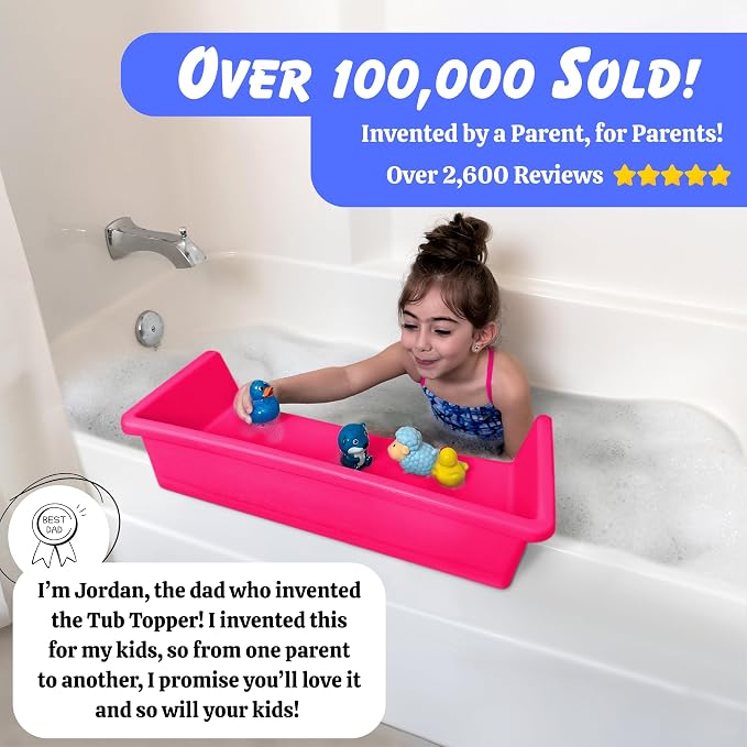 Tub Topper® Mini Bathtub Splash Guard for Kids - Compact Bath Splash Guard & Tub Play Shelf - Easy to Remove, Store & Clean - Patented Lip Design, Non-Silicone, BPA-Free, Made in USA (Pink)