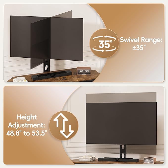 Corner TV Stand with Mount LED - Universal TV Mount Stand for 32-65" TV, Height Adjustable Swivel TV Console Wood & Steel Entertainment Center with Mount, Cabinet, Power Outlet, Colorful Light (Brown)