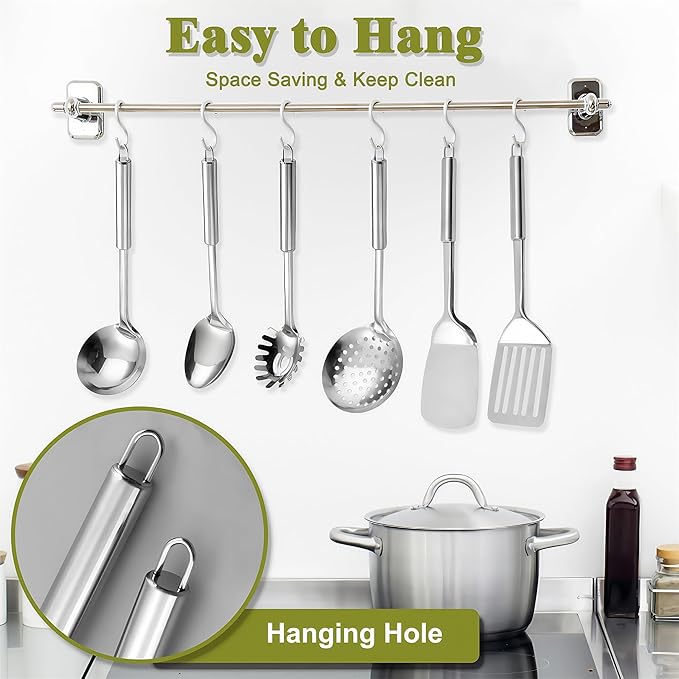 Stainless Steel Kitchen Utensils Set - 12pcs Cooking Utensils Set with Holder, Heat Resistant Kitchen Tool Set for Cooking with Turners, Potato Masher, Spatula, Spoons, Tongs, Whisk