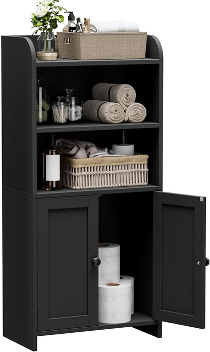 Homhedy Small Bathroom Storage Cabinet, Freestanding Toilet Paper Storage with 2 Doors and Shelves, Bathroom Organizers and Storage for Small Spaces, Laundry Room, 7.9" D x 14.6" W x 31" H, Black