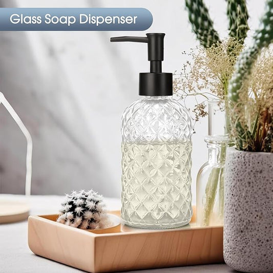 Topsky Gem Glass Soap Dispenser with Black Plastic Pump, 13oz Liquid Hand Soap Dispenser, Rustproof Pump for Kitchen & Bathroom, Great for Lotions, Essential Oil, Liquid Soaps-Clear