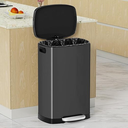 KdbK 13 Gallon Trash Can with Lid, 50L Fingerprint Proof Stainless Steel Kitchen Trash Can with Removable Inner Bucket and Lid Soft Close, Pedal Rubbish Bin for Home Office, Titanium Black