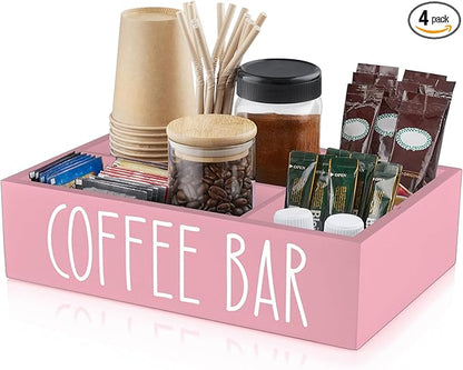 ALELION Coffee Station Organizer - Wood Countertop Accessories Organizer with Removable Dividers for Pods Condiment Syrup Tea Cups Stirrers - Pink Decor for Kitchen Coffee Bar