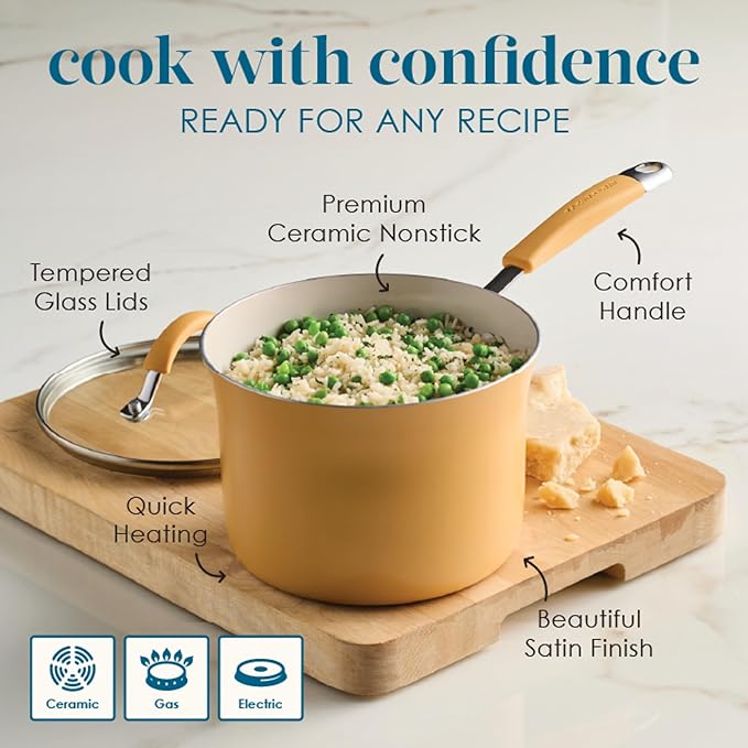 Rachael Ray Cucina Ceramic Cookware Set - 13 Pieces - Ceramic Pots and Pans Set w/Nonstick Frying Pans, Saute Pan, Saucepans, Stockpot, Lids, Pan Protectors - Turmeric