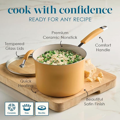 Rachael Ray Cucina Ceramic Cookware Set - 13 Pieces - Ceramic Pots and Pans Set w/Nonstick Frying Pans, Saute Pan, Saucepans, Stockpot, Lids, Pan Protectors - Turmeric