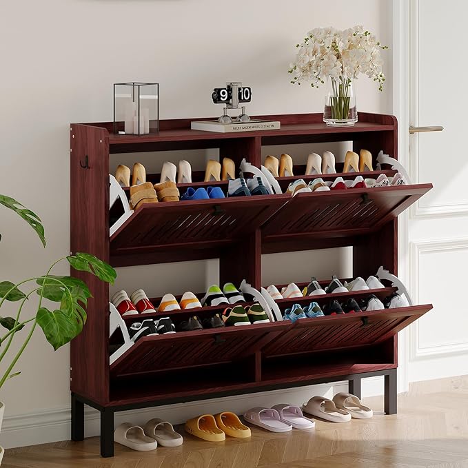 Garvee 4 Flip Drawer Shoe Cabinet with Adjustable Shelves, Hidden Shoe Organizer with Large Capacity, Freestanding Wooden Shoe Rack for Entryway, Hallway, Living Room, Walnut