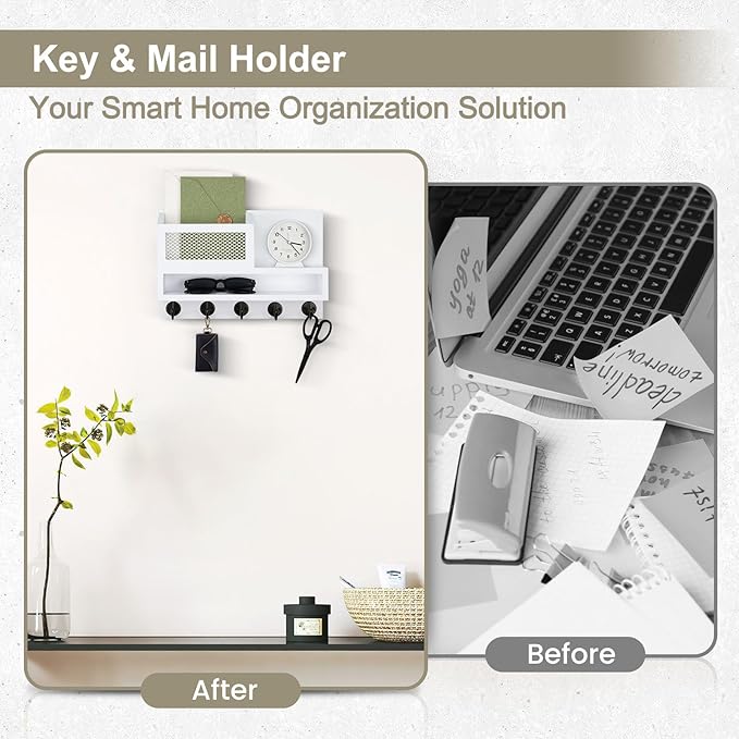 Key Holder for Wall, Mail Organizer Wall Mount with Storage Compartment and 5 key Hooks for Coat, Dog Leash, Stylish Mesh Mail Holder, Home Decor Entry Way Organizer
