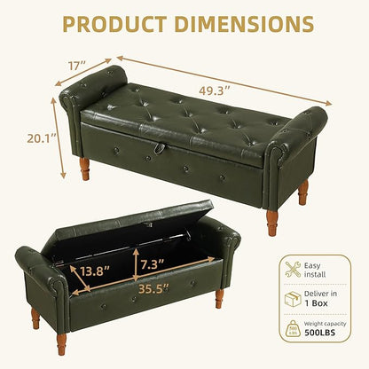 Storage Ottoman Bench, 50" Modern Upholstered End of Bed Bench, Faux Leather Rolled Armed Button-Tufted Ottoman with Storage for Living Room, Entryway, Window, Green