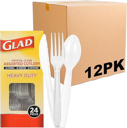 Glad Crystal Clear Assorted Plastic Cutlery Forks - Heavy Duty Disposable Silverware for Tabletop - Forks, Knives, Spoons, 24 Count - 12 Pack