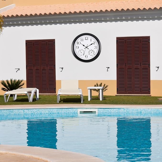 15 Inch Outdoor Clock, Black Metal-Frame Outdoor Clocks Waterproof, Silent Outdoor Wall Clock for Garden Patio Pool