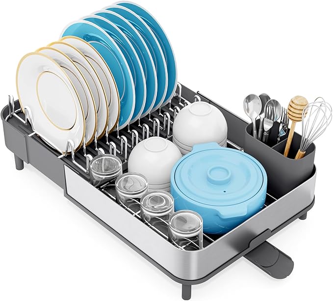Urackify Dish Drying Rack - Dish Drainer for Kitchen Counter, Stainless Steel Dish Rack with Swivel Draining Spout & Drain Board, Expandable Space-Saving Kitchen Dish Organizer for 3-4 People, Grey