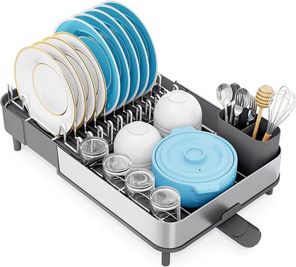 Urackify Dish Drying Rack - Dish Drainer for Kitchen Counter, Stainless Steel Dish Rack with Swivel Draining Spout & Drain Board, Expandable Space-Saving Kitchen Dish Organizer for 3-4 People, Grey