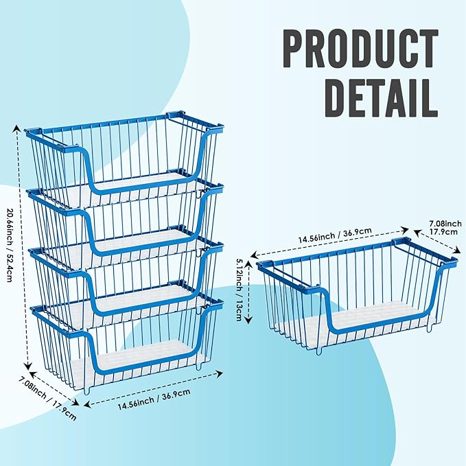 GAOKASE 4 Pcs Stackable Wire Baskets for Pantry Organizers and Storage,Vegetable Fruit Basket for Countertop,Kitchen Storage Metal Baskets,Produce Potato Onion Storage Bin,blue