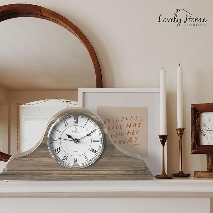 Mantel Clock Battery Operated - Grey Ash Wooden Farmhouse Mantle Clock for Living Room Decor Above Fireplace, Office, Shelf & Home Décor Gift 15x7.5 - Silent Wood Mantel Clock for Living Room Table