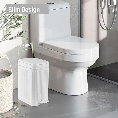 rejomiik Small Bathroom Trash Can with Lid Slim Soft Close Garbage Can Step Wastebasket Container Trash Bin for Office Bedroom Kitchen Living Room (1.9 Gallon White)