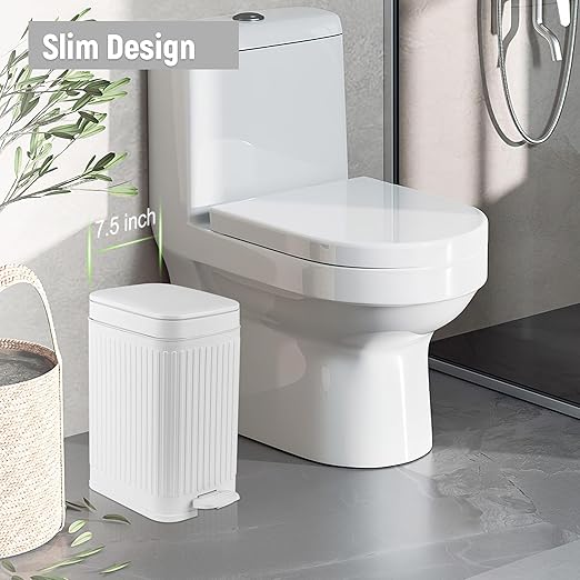 rejomiik Small Bathroom Trash Can with Lid Slim Soft Close Garbage Can Step Wastebasket Container Trash Bin for Office Bedroom Kitchen Living Room (1.9 Gallon White)