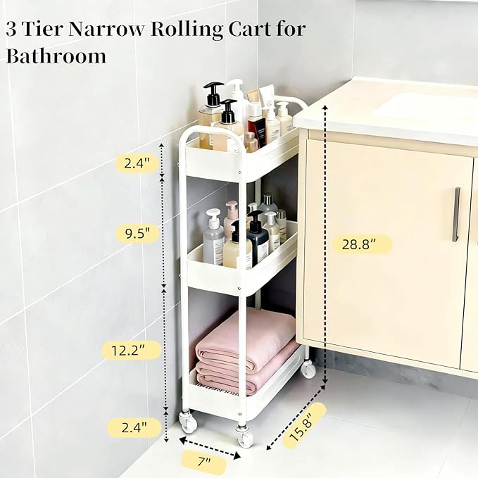 LIWNYRK 3 Tier Narrow Rolling Storage Cart for Laundry Room Bathroom Kitchen, 7.1'' Slim Utility Cart with Wheels and Lockable Casters Standing Shelf for Small Space & Between Washer and Dryer, White