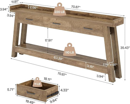 Tribesigns 70.9-Inch Sofa Table with 3 Drawers, 2-Tier Extra Long Farmhouse Console Table with Raised Baffle and Storage Shelves for Living Room, Hallway, Entryway, Entrance, Rustic Brown