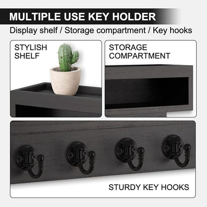 Key and Mail Holder Wall Mount, Key Hanger with Long Storage Box and 6 Hooks for Coat, Dog Leash, Home Decor Rack, House Accessories, Entry Way Organizer (Black)