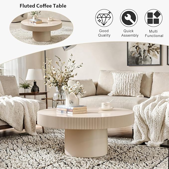 Round Fluted Coffee Table Mid Century Modern Coffee Tables with Handcrafted Relief Circle Drum End Table Rustic Industrial Center Tables for Apartment Living Room (White Round Thin)