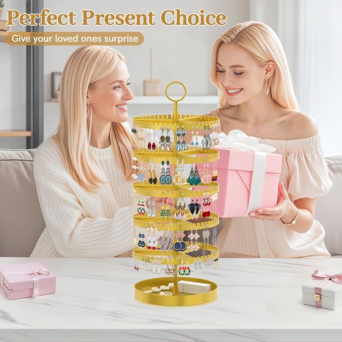 MODOWEY 5 Tier Rotating Earring Holder Organizer Display Tree with Metal Tray, Adjustable Plastic Stand with 285 Slots for Stud Hoop Hanger, Large Capacity Storage Rack for Women Space Saving, Gold