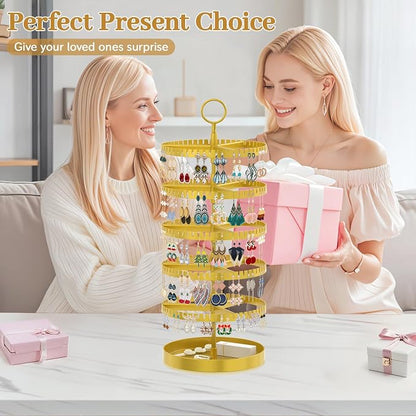 MODOWEY 5 Tier Rotating Earring Holder Organizer Display Tree with Metal Tray, Adjustable Plastic Stand with 285 Slots for Stud Hoop Hanger, Large Capacity Storage Rack for Women Space Saving, Gold