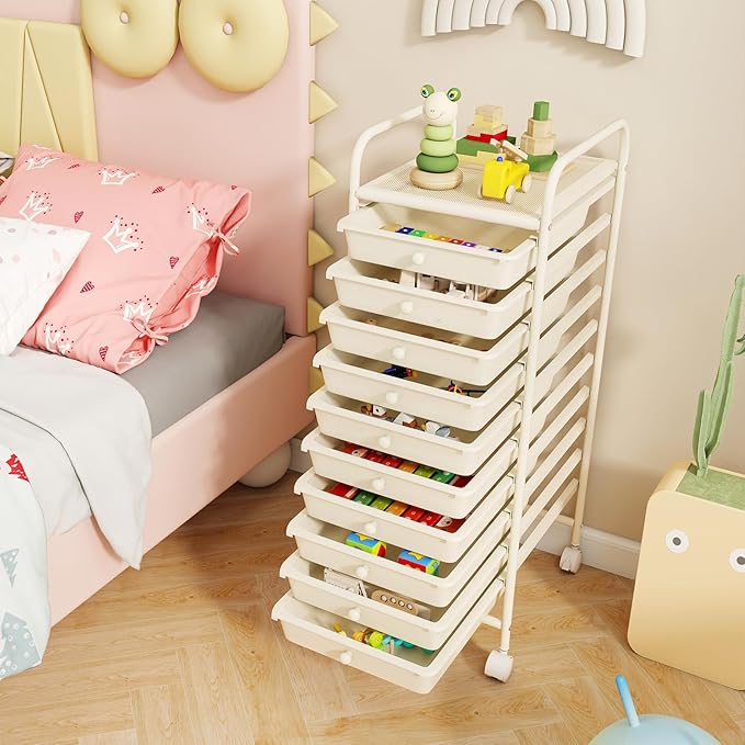 RELAX4LIFE 10 Drawer Rolling Cart - Slim Storage Cart w/Lockable Wheels for Classroom School Teacher Office, Art Supplies Paper Scrapbook Craft Organizers, Utility Cart with Drawers (White)