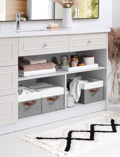 StorageWorks Storage Baskets for Shelves, Foldable Fabric Closet Storage Bins with Handles, Fabric Storage Bins Clothes Organizer, Gray and White, 3-Pack, Large