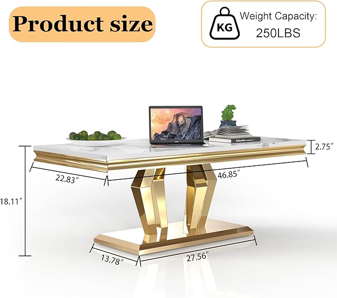 Modern Marble Coffee Table, 47" Living Room Table with Diamond-Shape Stainless Steel Base and Thickened Faux Marble Top for Living Room, Bedroom, Lounge (Gold,White)