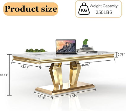 Modern Marble Coffee Table, 47" Living Room Table with Diamond-Shape Stainless Steel Base and Thickened Faux Marble Top for Living Room, Bedroom, Lounge (Gold,White)