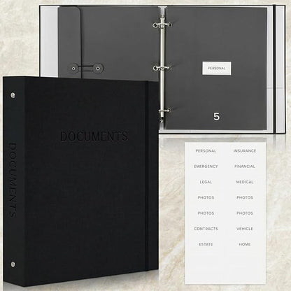 Important Document Organizer Set with Folders - Complete Linen Ring Binder Set Safely Stores All Documents & Files in One Place - Easy to Use Expanding Storage Incl. Envelopes, Pockets & Labels