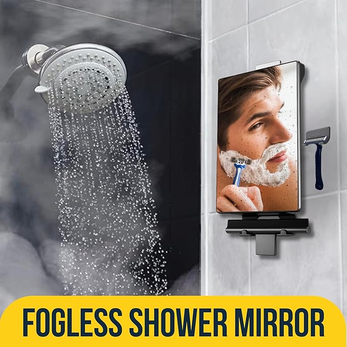 HONEYBULL Fogless Shower Mirror for Shaving – Anti Fog Mirror for Shower with Water Tank, Adhesive Hook Mount, Bonus Razor Holder & Squeegee – for Men and Women, Small Bathroom Accessory (Black)
