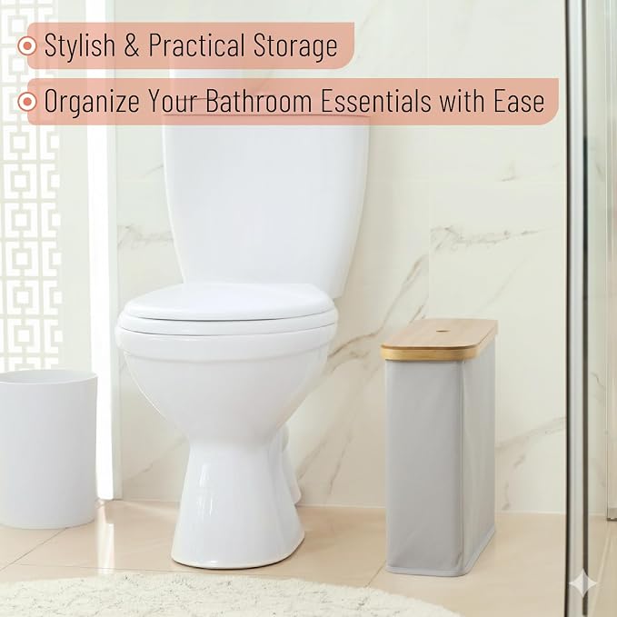 BAMBOO LAND- Toilet Paper Storage with Bamboo Lid for 12 Rolls, Light Gray, Waterproof Bamboo Toilet Paper Holder Basket