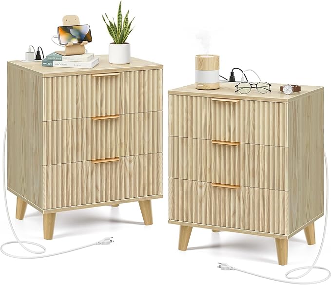 Fluted nightstands Set of 2, 20 inch Modern Nightstand with Charging Station Wood Bedside End Table with 3 Large Storage Drawers, Tall Side Table for Bedroom Sofa Office Oak Natural