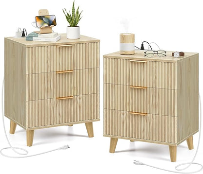 Fluted nightstands Set of 2, 20 inch Modern Nightstand with Charging Station Wood Bedside End Table with 3 Large Storage Drawers, Tall Side Table for Bedroom Sofa Office Oak Natural