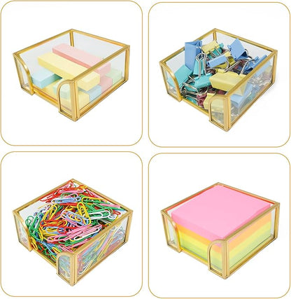 Glass Sticky Note Holder, Gold Post It Note Dispenser for Desk,3 x 3 Inch Post It Note Holder,Stylish Sticky Note Dispenser for Home Office Desk