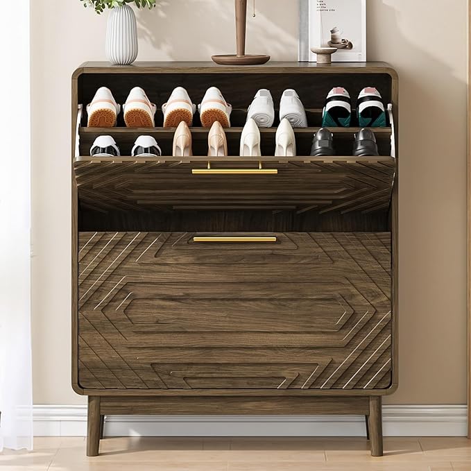 Shoe Cabinet with Fluted Flip Drawers, 31.5" w Narrow Shoe Storage Cabinet for Entryway, Hidden Freestanding Shoe Organizer Rack Cabinet