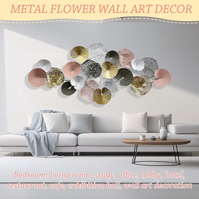 edaknez Coastal Metal Wall Art Decor for Living Room, Large Nautical Metal Wall Decor, 3D Modern Gold Lotus Leaves Wall Decoration, for Living Room, Bedroom (A 53 inch x 26 inch)