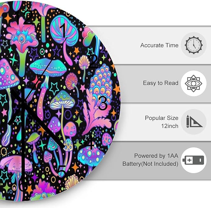 Botanical Wall Clock 12 Inch Silent Non Ticking Clock Wooden, Psychedelic Fantasy Magic Colorful Botanical Mushrooms Wall Clock Battery Operated Kitchen Bedroom Living Room Decor