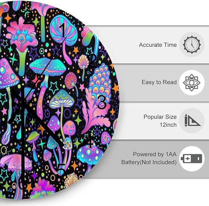 Botanical Wall Clock 12 Inch Silent Non Ticking Clock Wooden, Psychedelic Fantasy Magic Colorful Botanical Mushrooms Wall Clock Battery Operated Kitchen Bedroom Living Room Decor