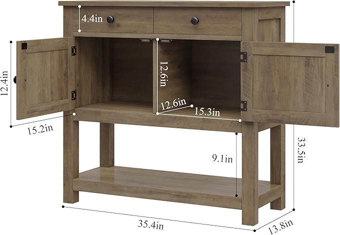 HOSTACK Farmhouse Console Table with 2-Door Cabinet & 2 Drawers, Coffee Bar, Entryway Table with Storage Shelf, Sofa Tables Buffet Sideboard for Kitchen, Hallway, Dining, Living Room, Rustic Brown