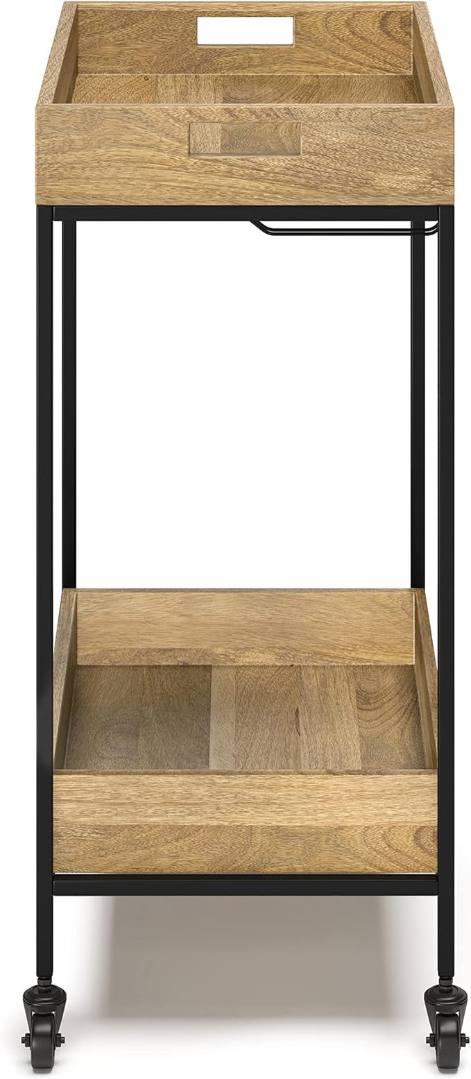 SIMPLIHOME Simons SOLID MANGO WOOD Industrial Contemporary 24 inch Wide Bar Cart in Natural for the Living room, dining room and kitchen
