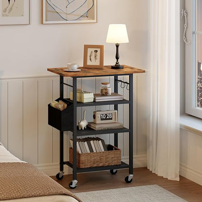 MAHANCRIS 4-Tier Printer Stand, Rolling Printer Table on Wheels, Industrial Storage Stand with Side Pocket, Wooden Tabletop, 2 S-Shaped Hooks, for Home Office, Rustic Brown and Black PTHR2601