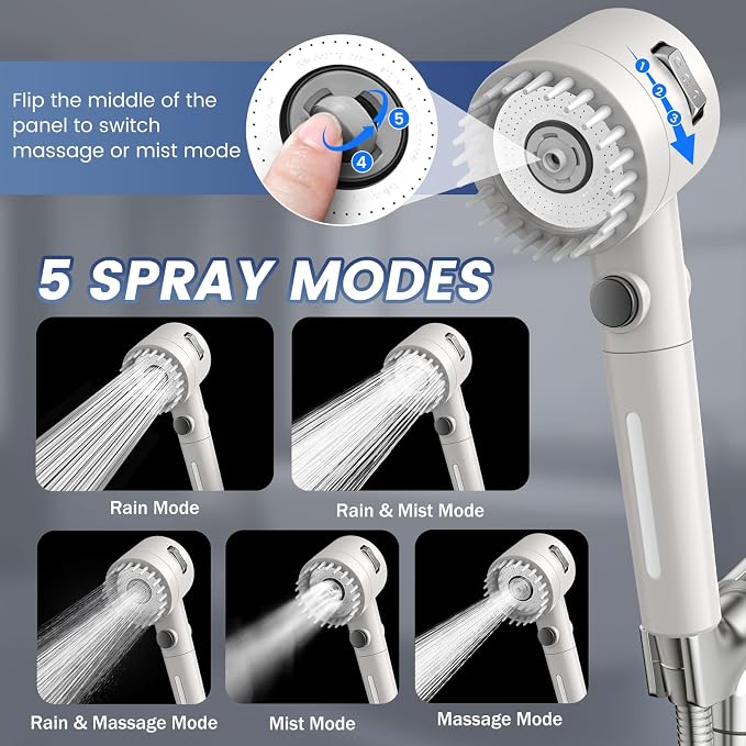 Filtered Shower Head with Handheld, High Pressure 5-Spray Shower Head with Filters for Hard Water, ON/OFF Switch Showerhead for Pets Bath, Shower Heads with Stainless Steel Hose Remove Chlorine