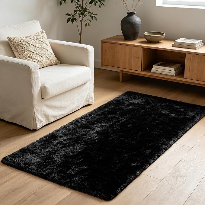 Shag Runner Rug for Bedroom Living Room 3x7 Upgrade Non-Slip Fluffy Soft Bedside Rugs,Black Shaggy Carpet for Livingroom Dorm Home Decor Aesthetic
