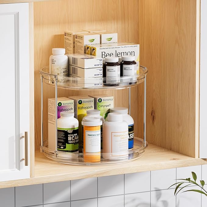 LAMU 2 Tier Lazy Susan Turntable Organizer 9.25'' Rotating Spice Rack Organization for Cabinet, Kitchen, Pantry, Countertop, Bathroom, Vanity, Medicine Cabinet Organizer, Clear