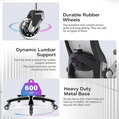 600lbs Big and Tall Office Chair- Heavy Duty Executive Computer Chair with 3D Flip Arms Large Wheels, Ergonomic Mesh High Back Desk Chair, Extra Wide Seat Adjustable Lumbar Support&Headrest
