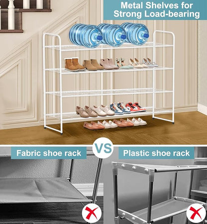 AOODA 4 Tier Long Metal Shoe Rack for Closet Wide Stackable Shoe Storage Organizer for Entryway, Bedroom, Floor, Holds 30 Pairs Men Sneakers Large Boot Shelf with Wire Grid, White