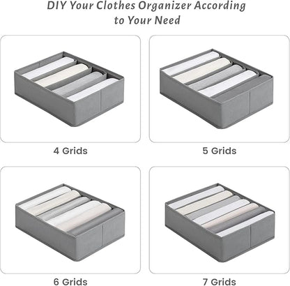 4 Packs Adjustable T-shirt Drawer Organizers for Clothing with 6 Adjustable Dividers, 7 Grids Wardrobe Storage Box, DIY Clothes Organizer for Folded Clothes, T-shirt, Legging