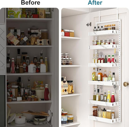 BUKFEN 6-Tier Over the Door Pantry Organizer, 2-in-1 Door Hanging or Wall Mounted Spice Rack, Heavy Duty Metal Storage Shelves with Adjustable Baskets for Kitchen Bathroom Closet, 1 Pack